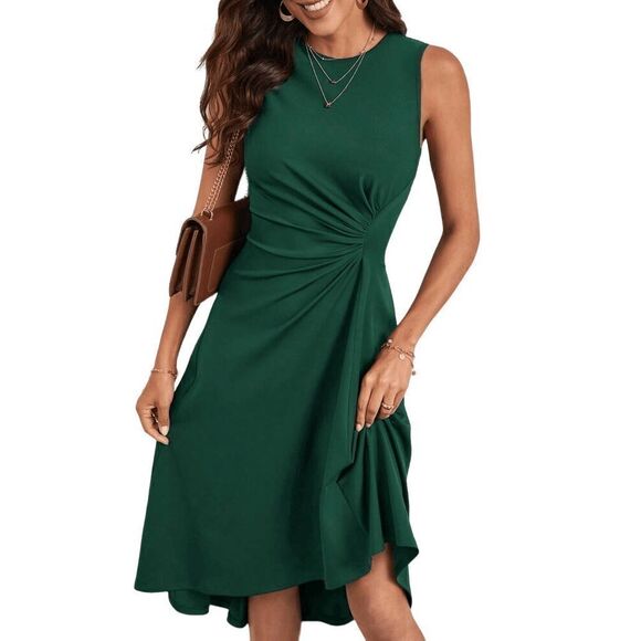 💚 Green Sleeveless Ruched Waist Flowy A-line Hi-Lo Midi Dress SIZE L - Picture 1 of 16